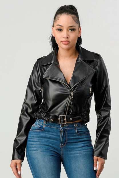 Women's Faux Leather Moto Style Jacket - Wide Collar Belted Zip-Up Biker Coat | Slim Fit PU Leather Outerwear. Black or Red