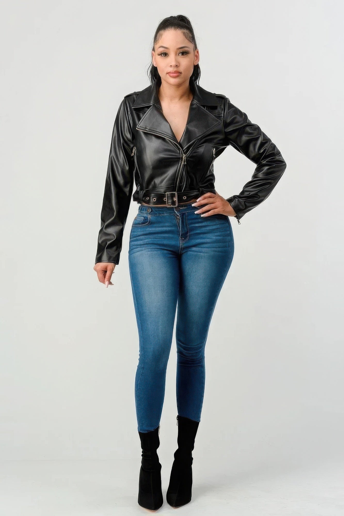 Women's Faux Leather Moto Style Jacket - Wide Collar Belted Zip-Up Biker Coat | Slim Fit PU Leather Outerwear. Black or Red