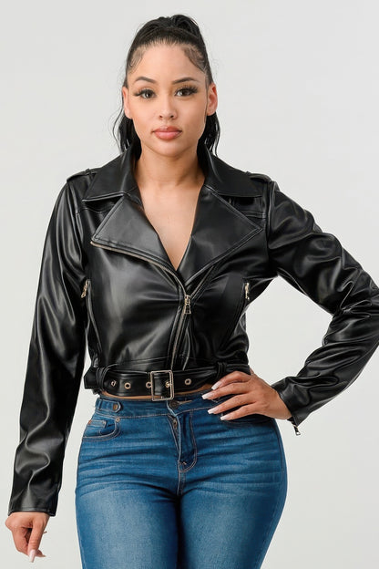 Women's Faux Leather Moto Style Jacket - Wide Collar Belted Zip-Up Biker Coat | Slim Fit PU Leather Outerwear. Black or Red