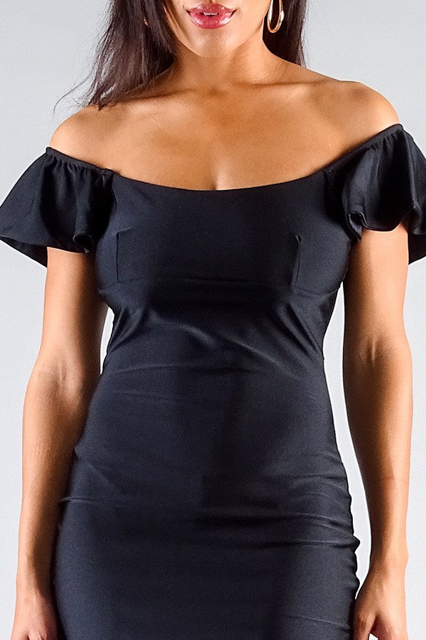 Bodycon Mini Dress with Convertible Off-Shoulder Ruffle - Black Blink & Bangle Bodycon Mini Dress with Convertible Off-Shoulder Ruffle - Black Blink & Bangle