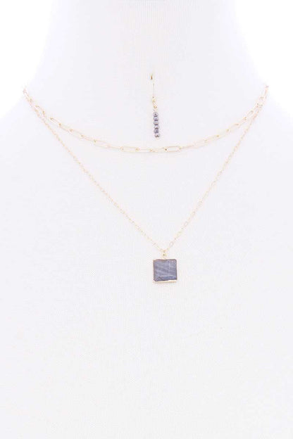 2 Layered Chain Metal Square Marbling Stone Pendant Necklace