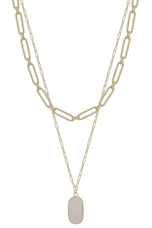 2 Layered Metal Chain Stone Pendant Necklace