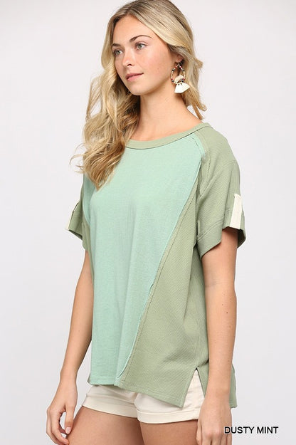Ribbed And Solid Mixed Raw Edge Top       