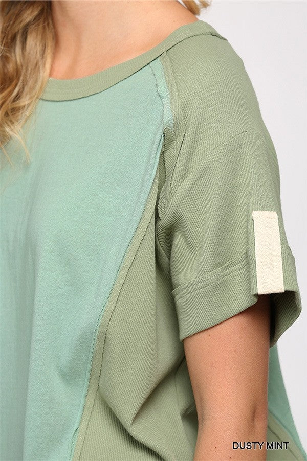 Ribbed And Solid Mixed Raw Edge Top       