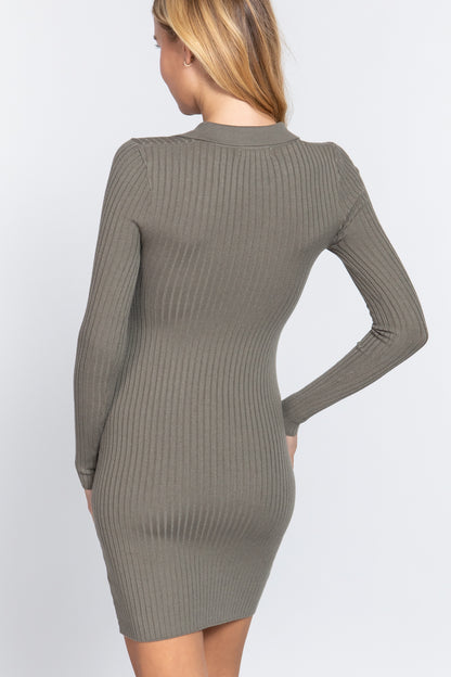 Long Slv V-neck Sweater Rib Mini Dress  