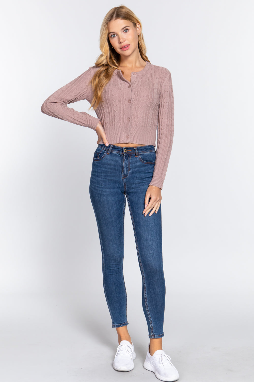 Crew Neck Cable Sweater Cardigan      