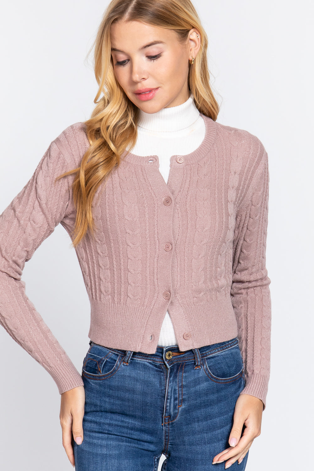Crew Neck Cable Sweater Cardigan      