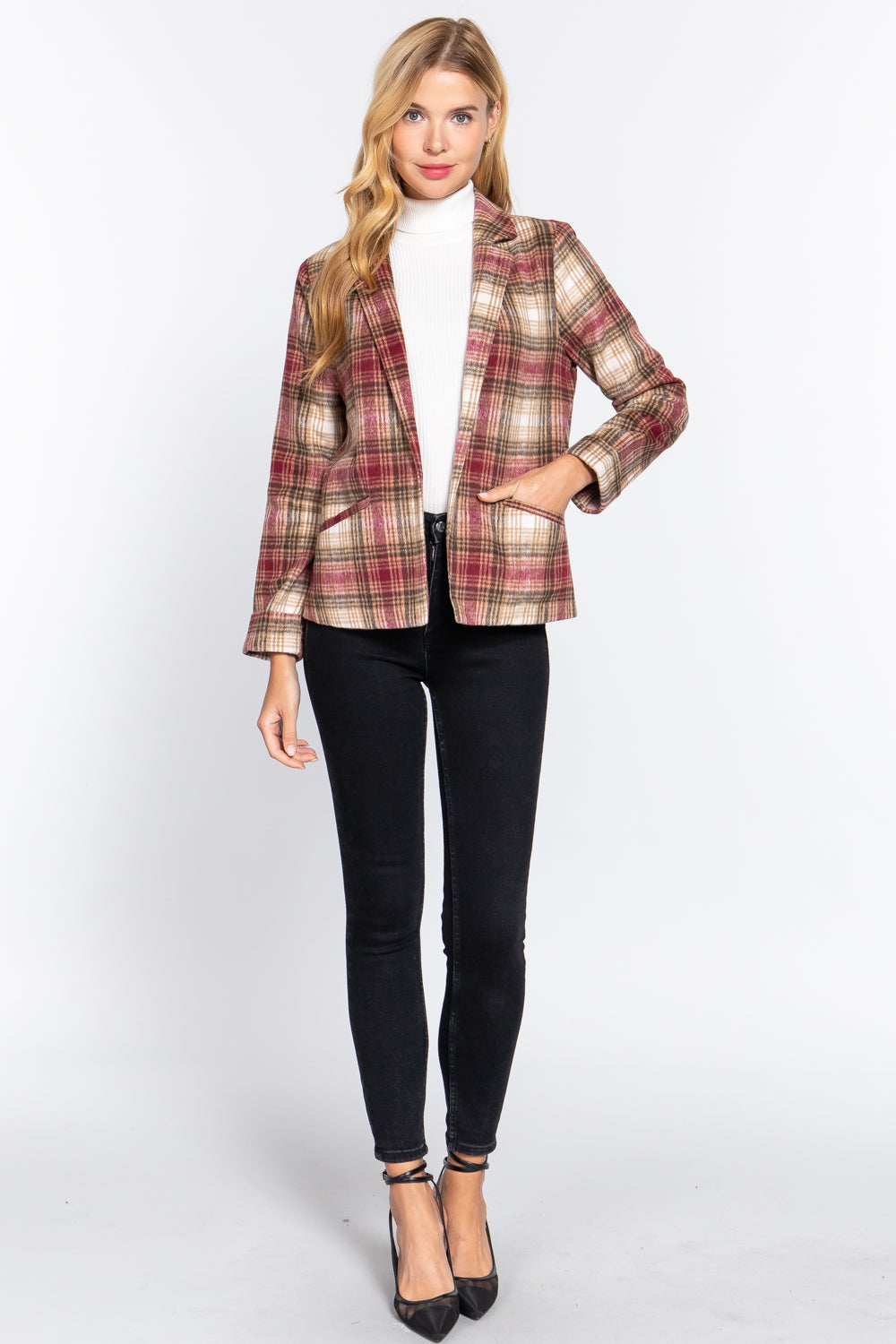 Notched Collar Plaid Jacket 