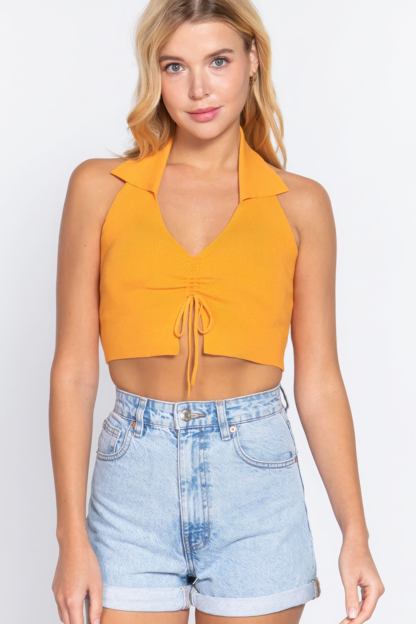 Halter Ruched Crop Sweater Knit Top   