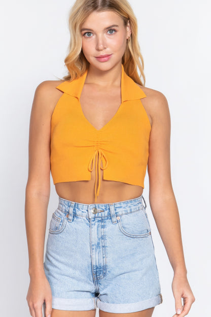 Halter Ruched Crop Sweater Knit Top   