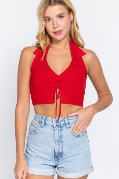 Halter Ruched Crop Sweater Knit Top   