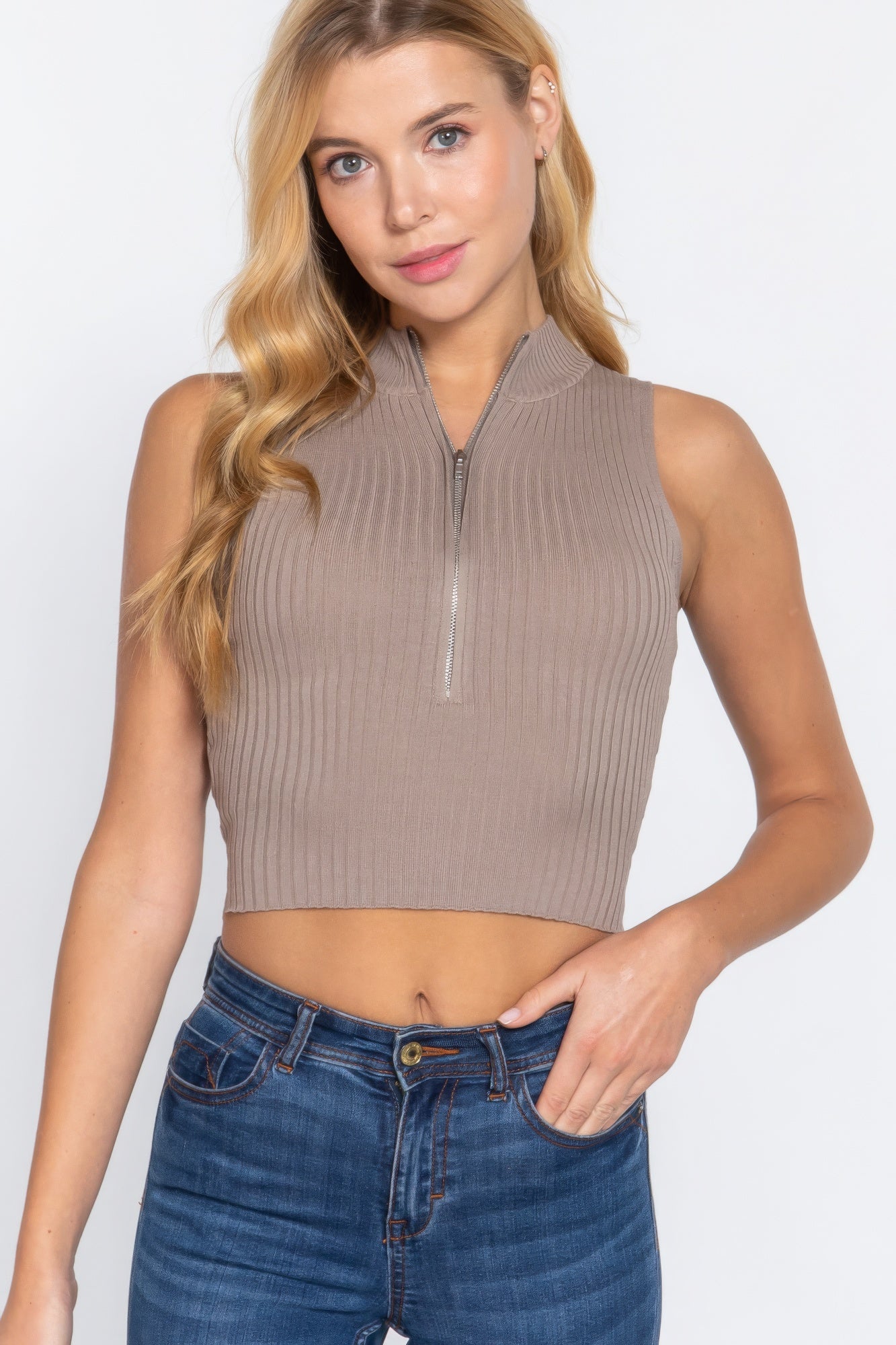 Sleeveless Rib Sweater Top W/zipper     