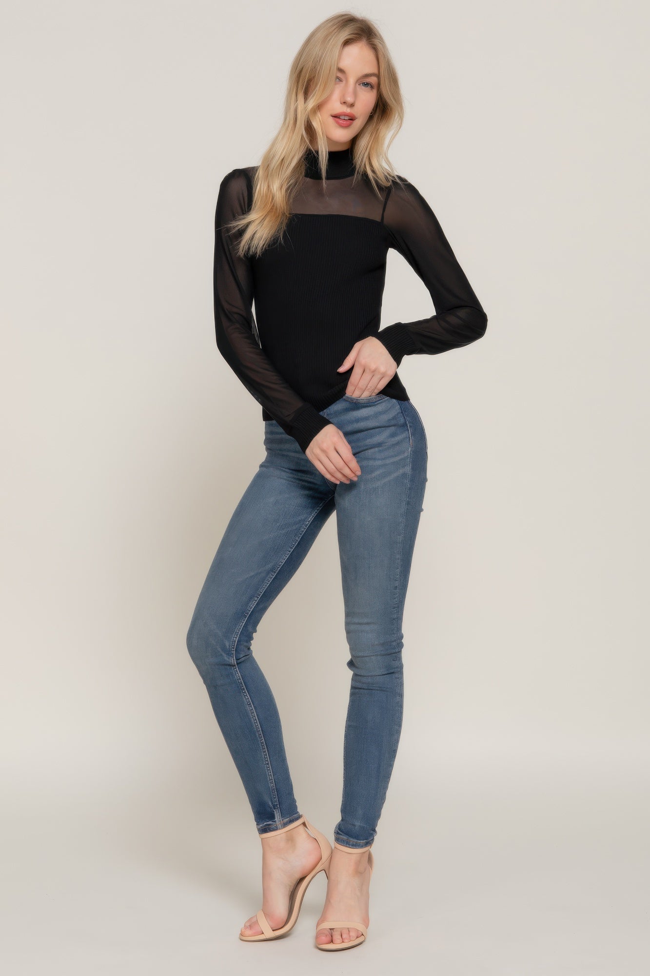 Long Slv Mesh Panel Detail Sweater Top      