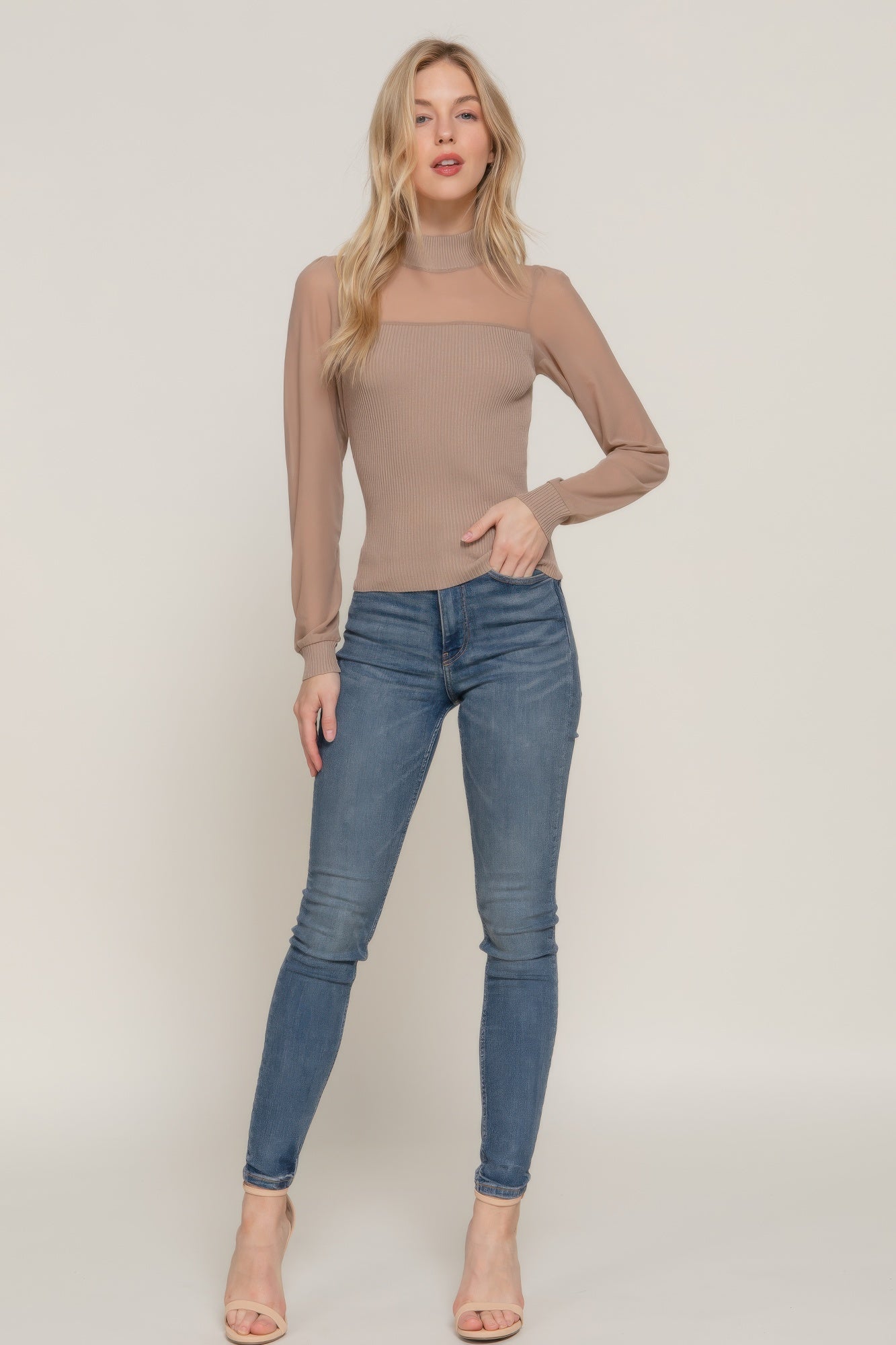 Long Slv Mesh Panel Detail Sweater Top      