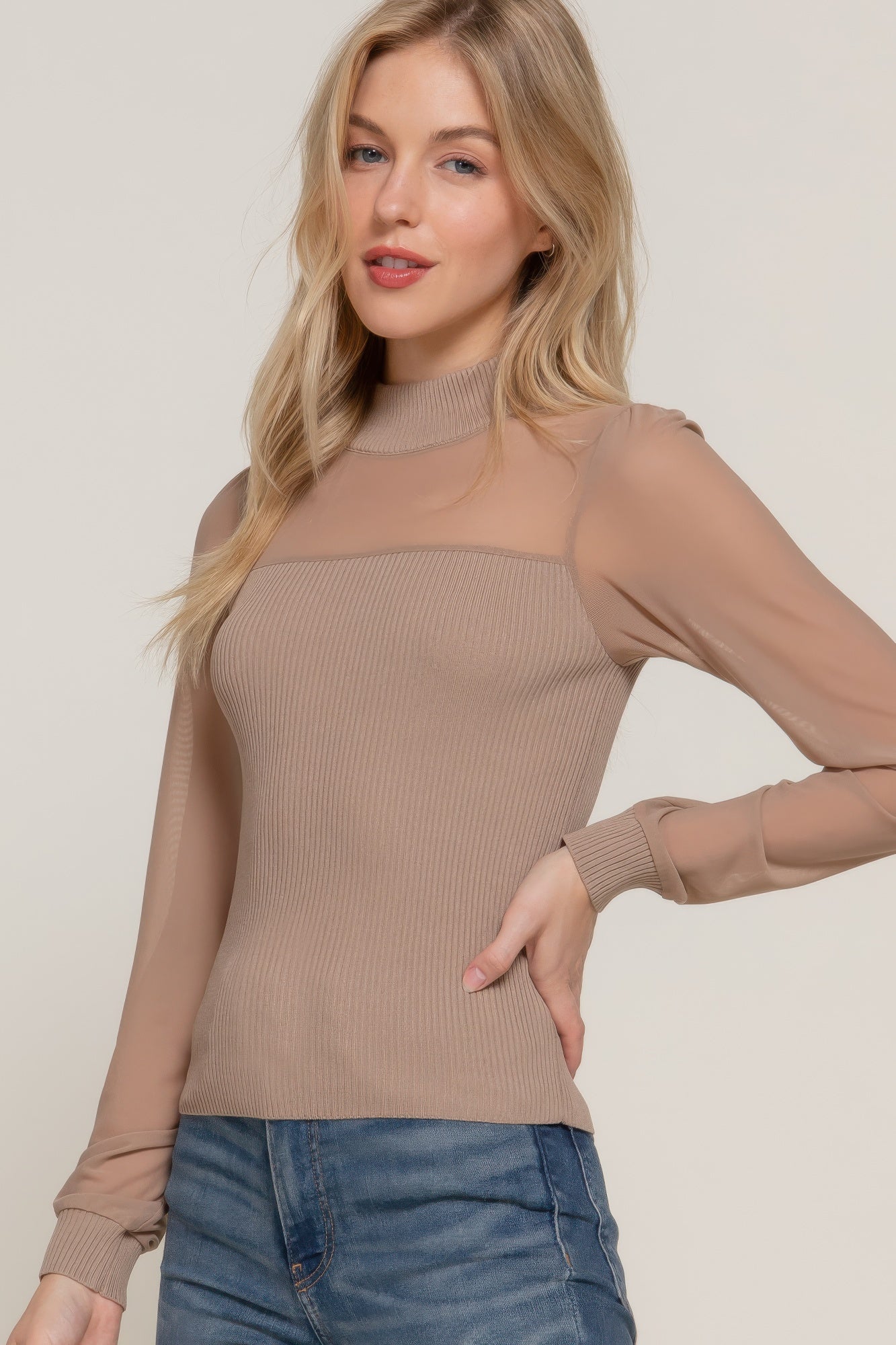 Long Slv Mesh Panel Detail Sweater Top      