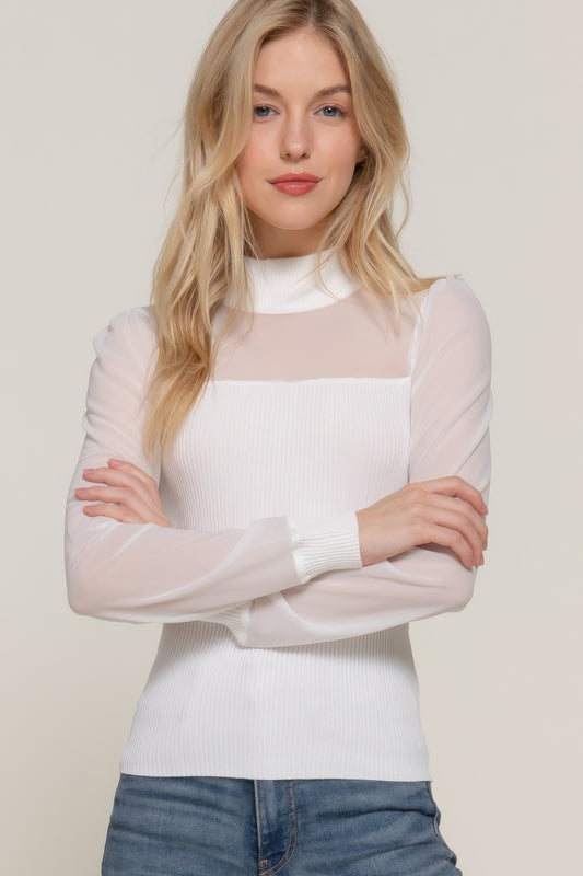 Long Slv Mesh Panel Detail Sweater Top      