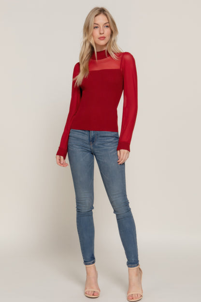 Long Slv Mesh Panel Detail Sweater Top      