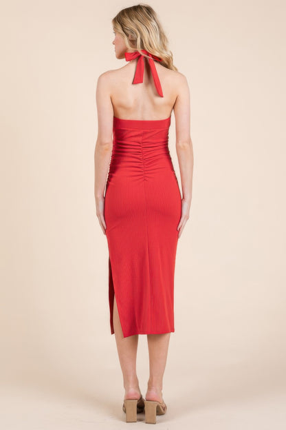 Halter Tied Criss-cross Midi Ribbed Dress