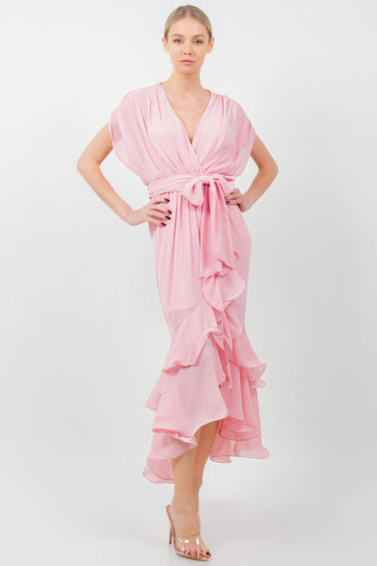 Solid Tie Waist Ruffle Midi Dress