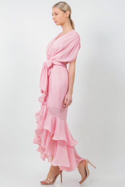 Solid Tie Waist Ruffle Midi Dress