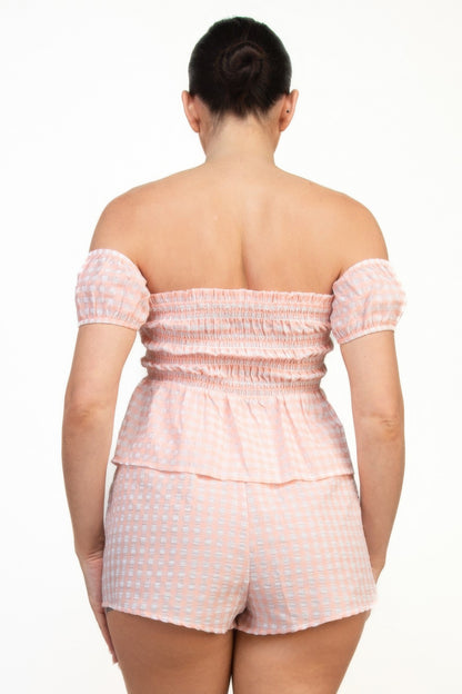 Off-shoulder Smock Gingham Top & Mini Short Sets