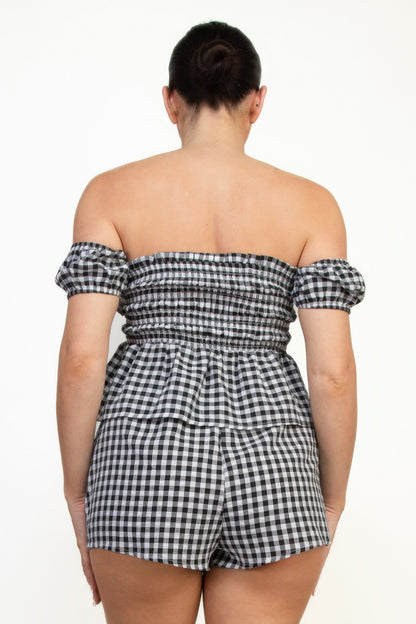 Off-shoulder Smock Gingham Top & Mini Short Sets