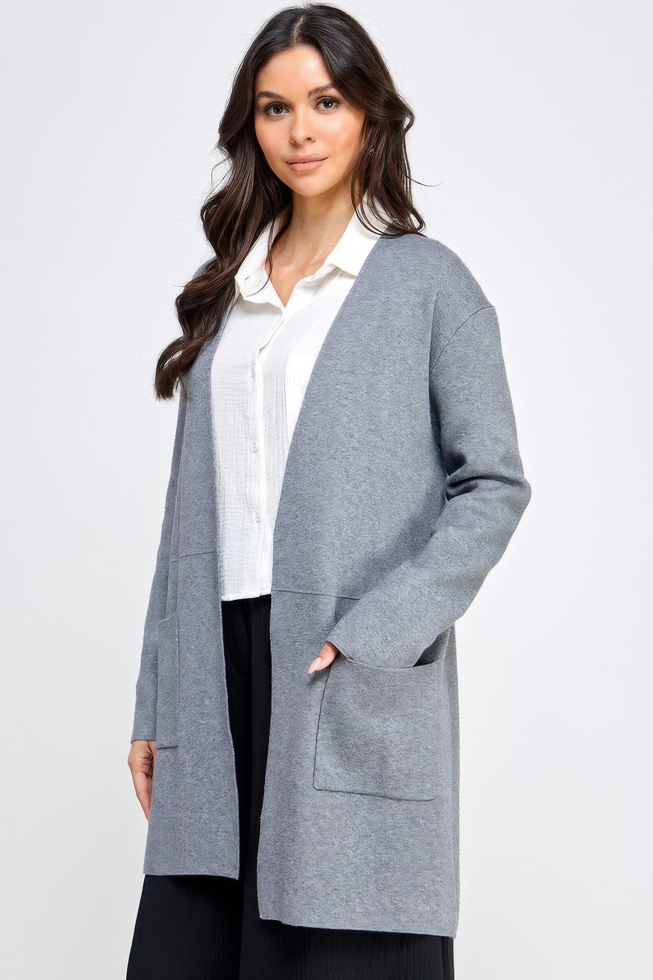 Basic Soft Long Line Open Front Sweater Cardigan         