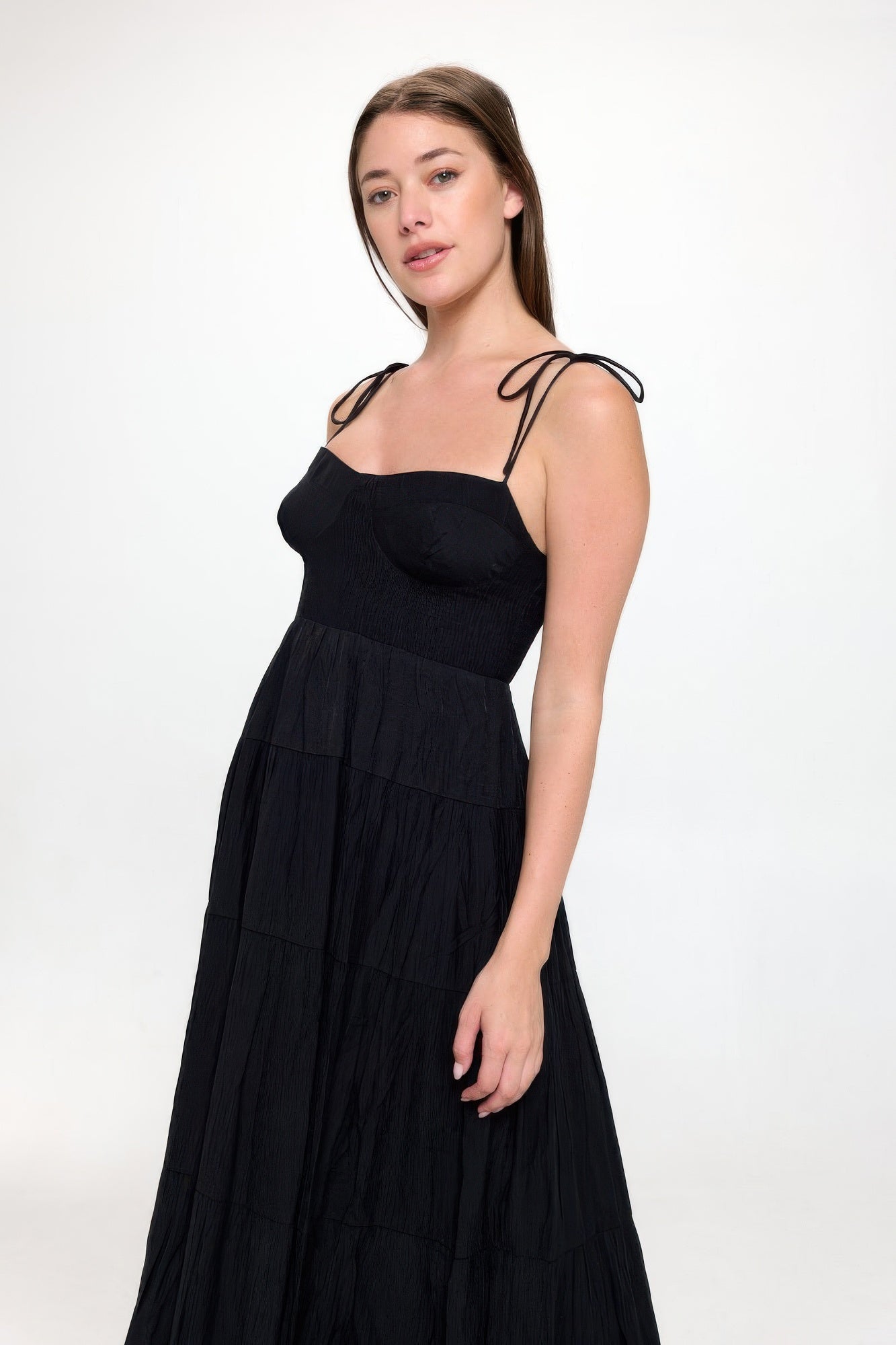 Solid Smocked Ruffle Maxi Dress       