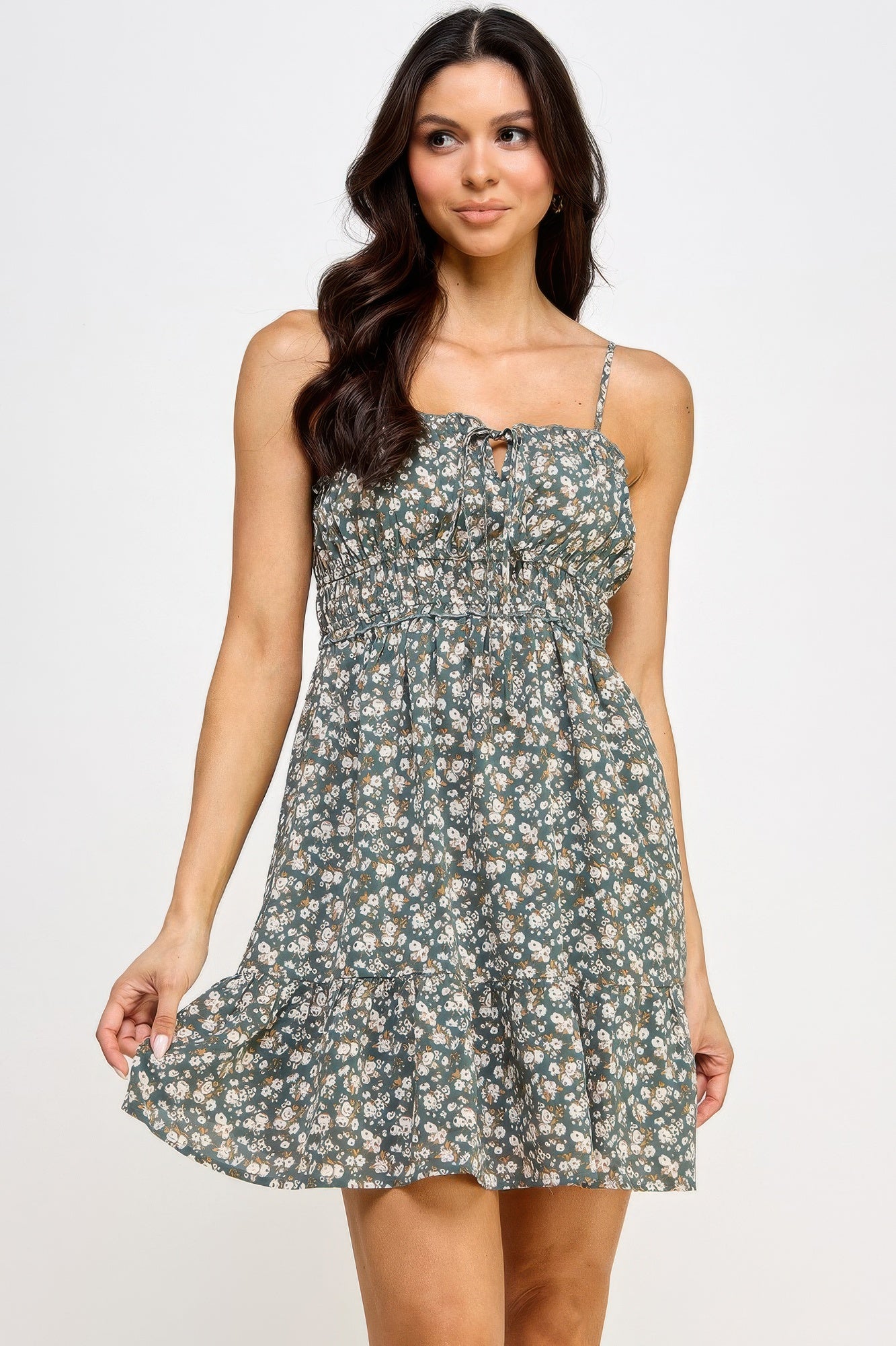 Floral Front Tie Ruffle Mini Dress     