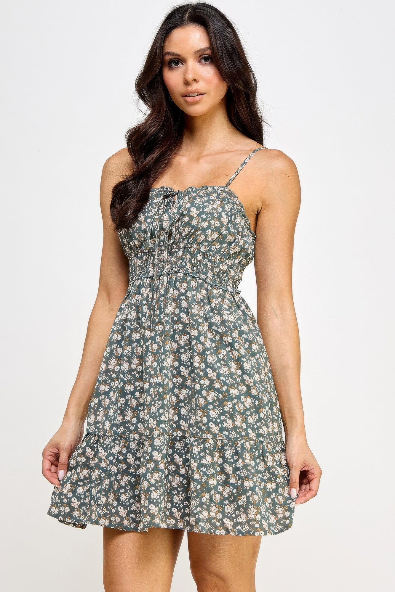 Floral Front Tie Ruffle Mini Dress     