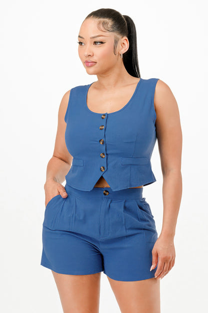 Casual Cropped Vest And Short Set      
