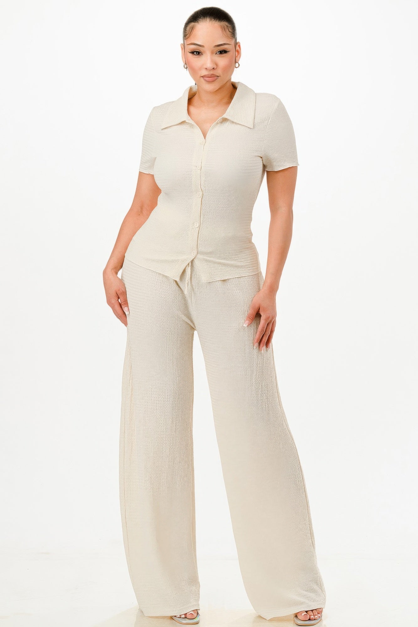 Textured Polo Top And Pants Set