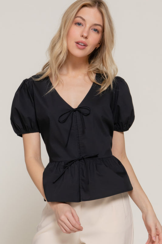 Short Puff Slv Tied Popline Top      