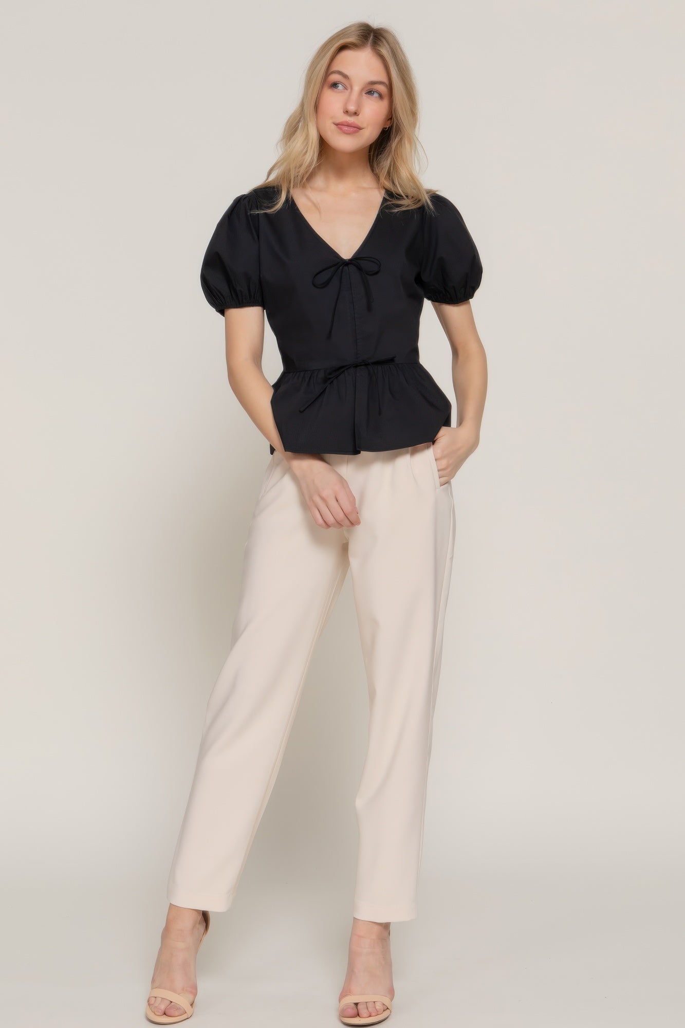 Short Puff Slv Tied Popline Top      