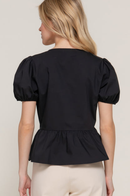 Short Puff Slv Tied Popline Top      