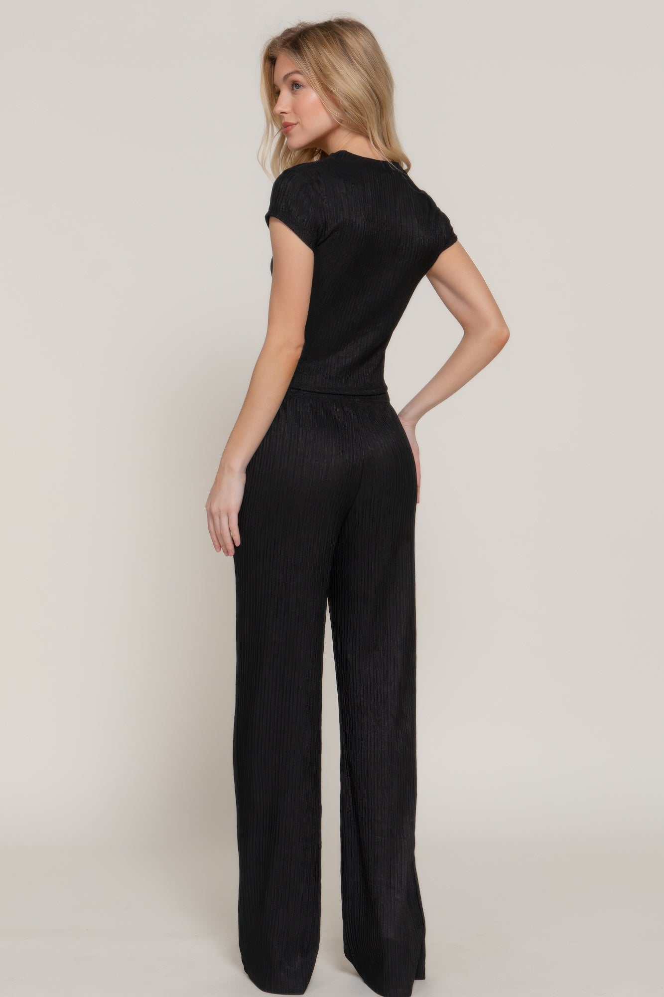 Short Slv Top & Flare Pants Set        