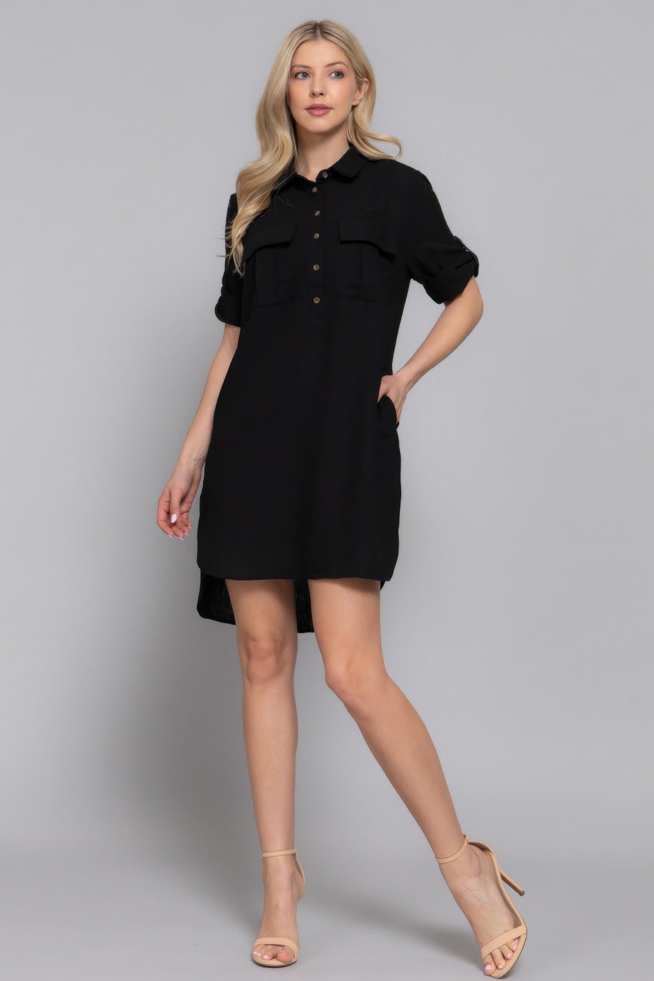 Roll Up Short Slv Straight Linen Effect Mini Dress       