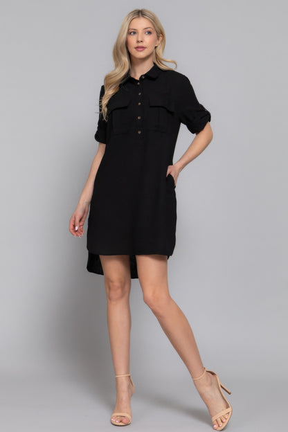 Roll Up Short Slv Straight Linen Effect Mini Dress       