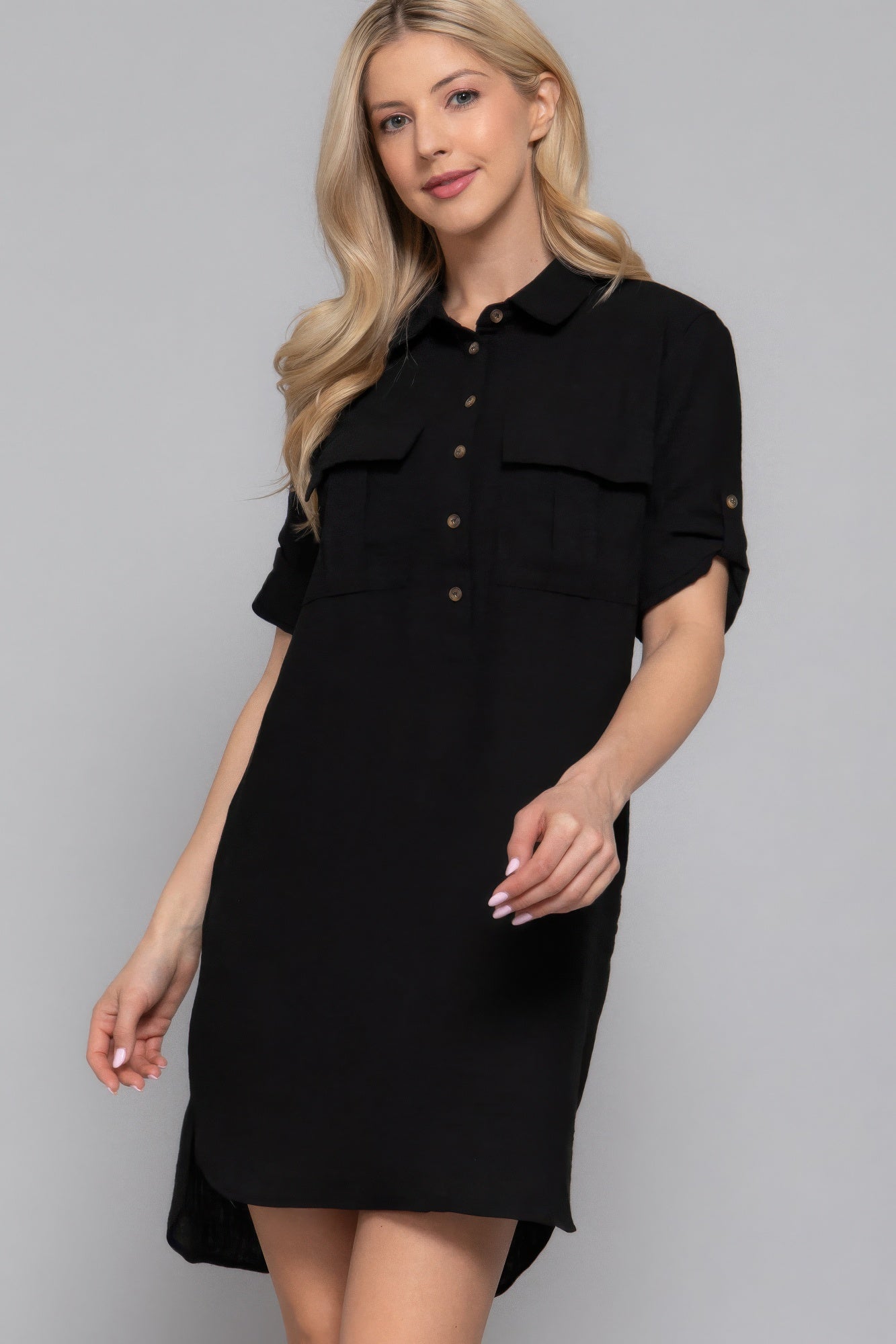 Roll Up Short Slv Straight Linen Effect Mini Dress       