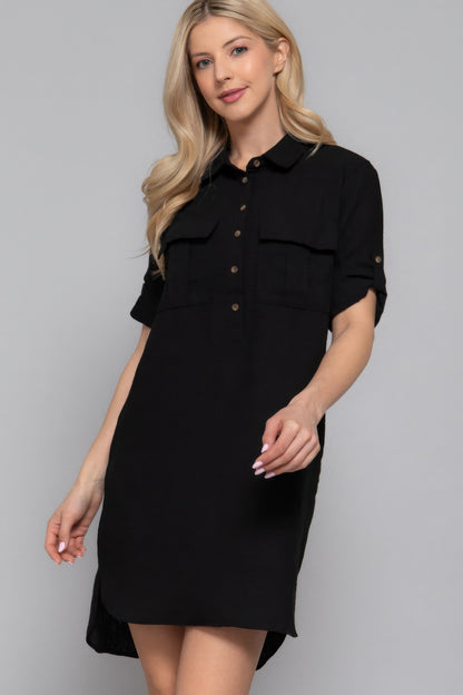 Roll Up Short Slv Straight Linen Effect Mini Dress       