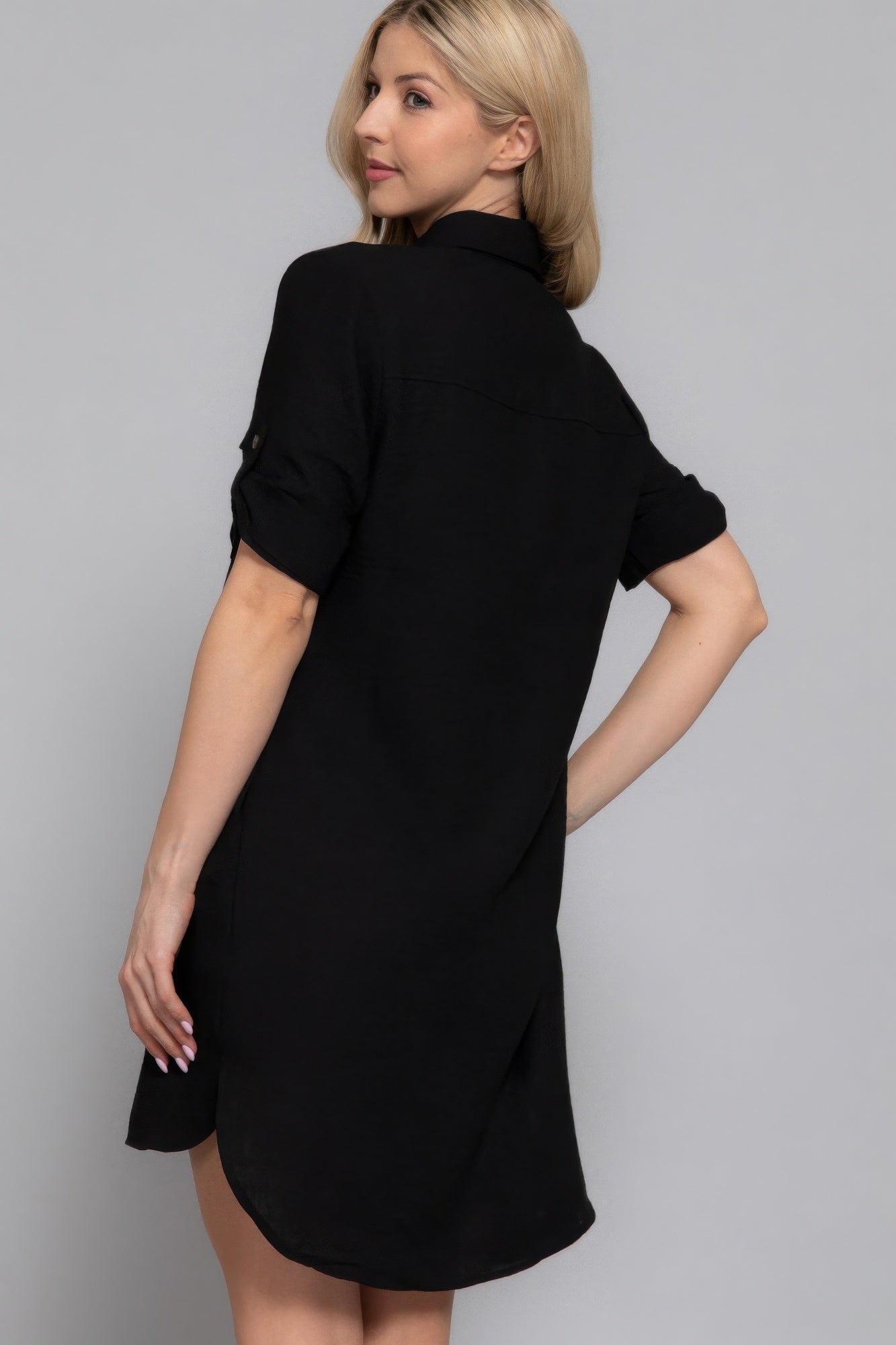 Roll Up Short Slv Straight Linen Effect Mini Dress       