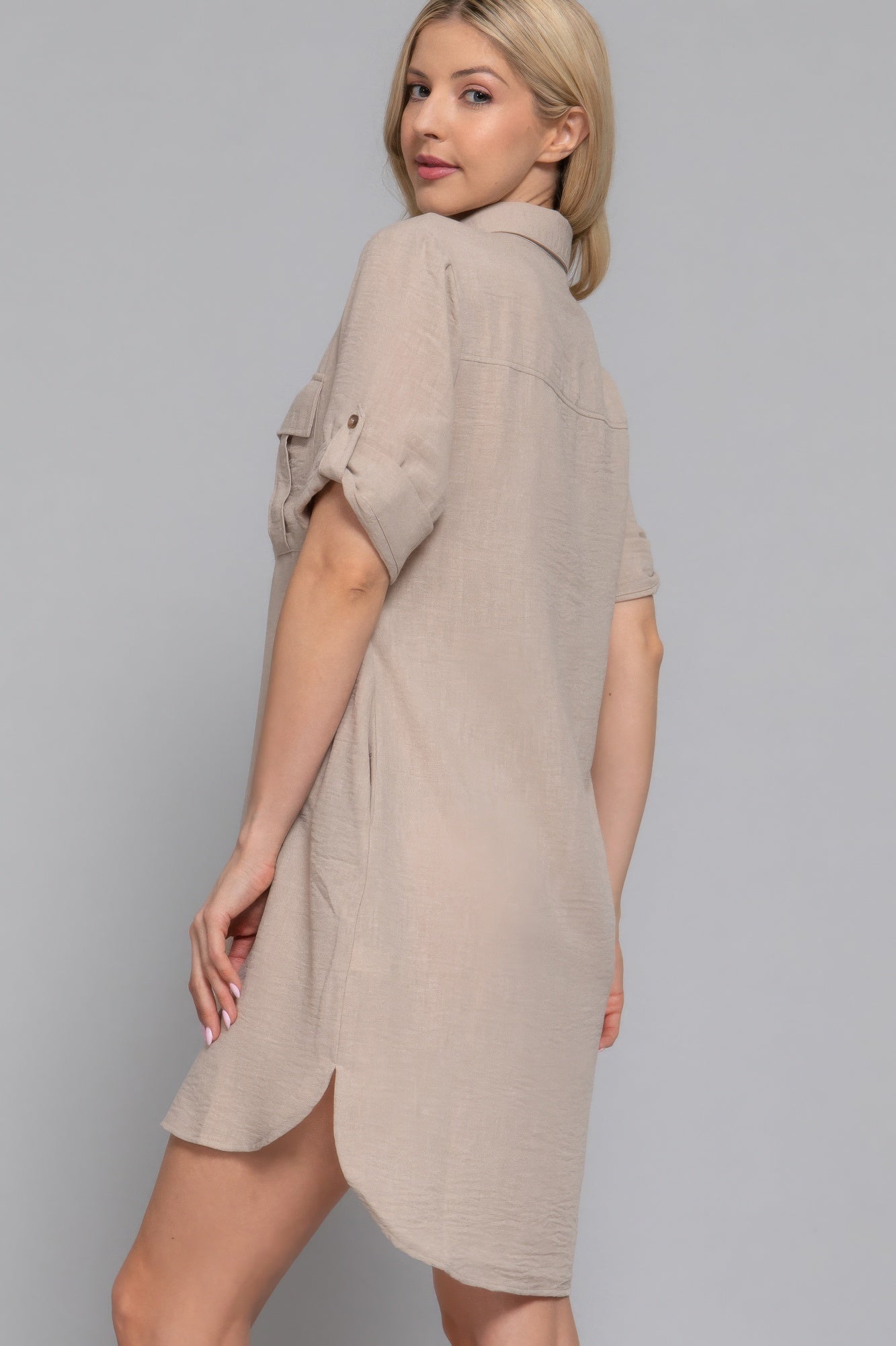 Roll Up Short Slv Straight Linen Effect Mini Dress       