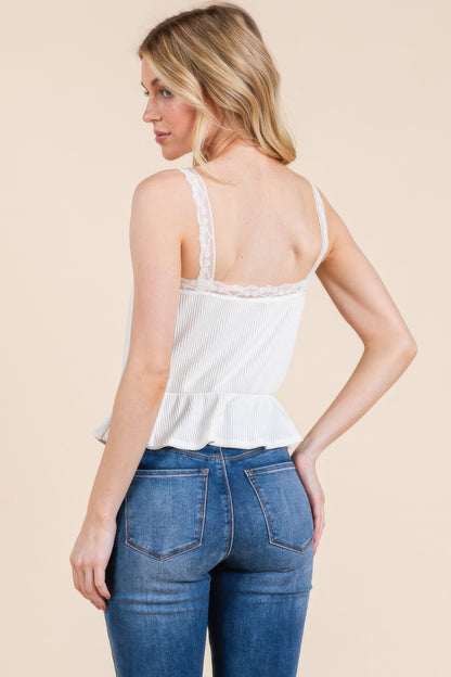 Lace Peplum Tie Front Ribbed Cami Top