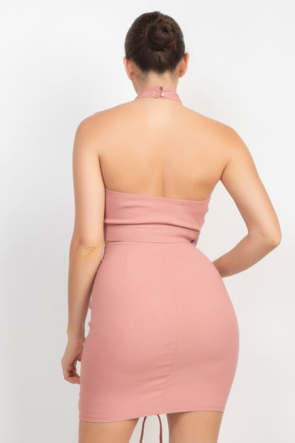 Cross Halter Top & Ruched Skirts Set