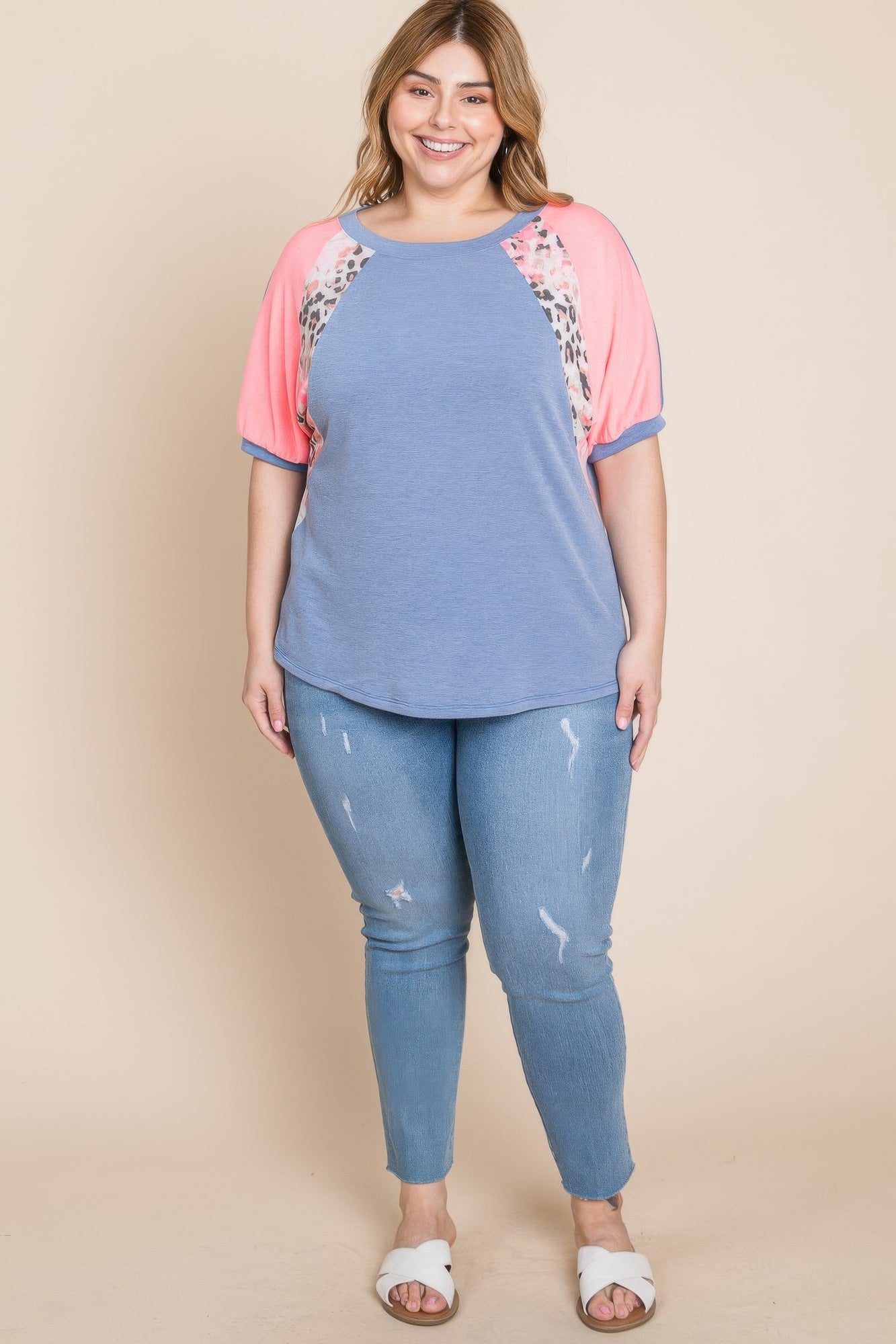 Plus Size Neon Animal Print Contrast Casual Top