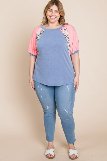Plus Size Neon Animal Print Contrast Casual Top