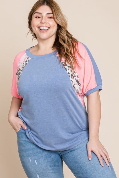 Plus Size Neon Animal Print Contrast Casual Top