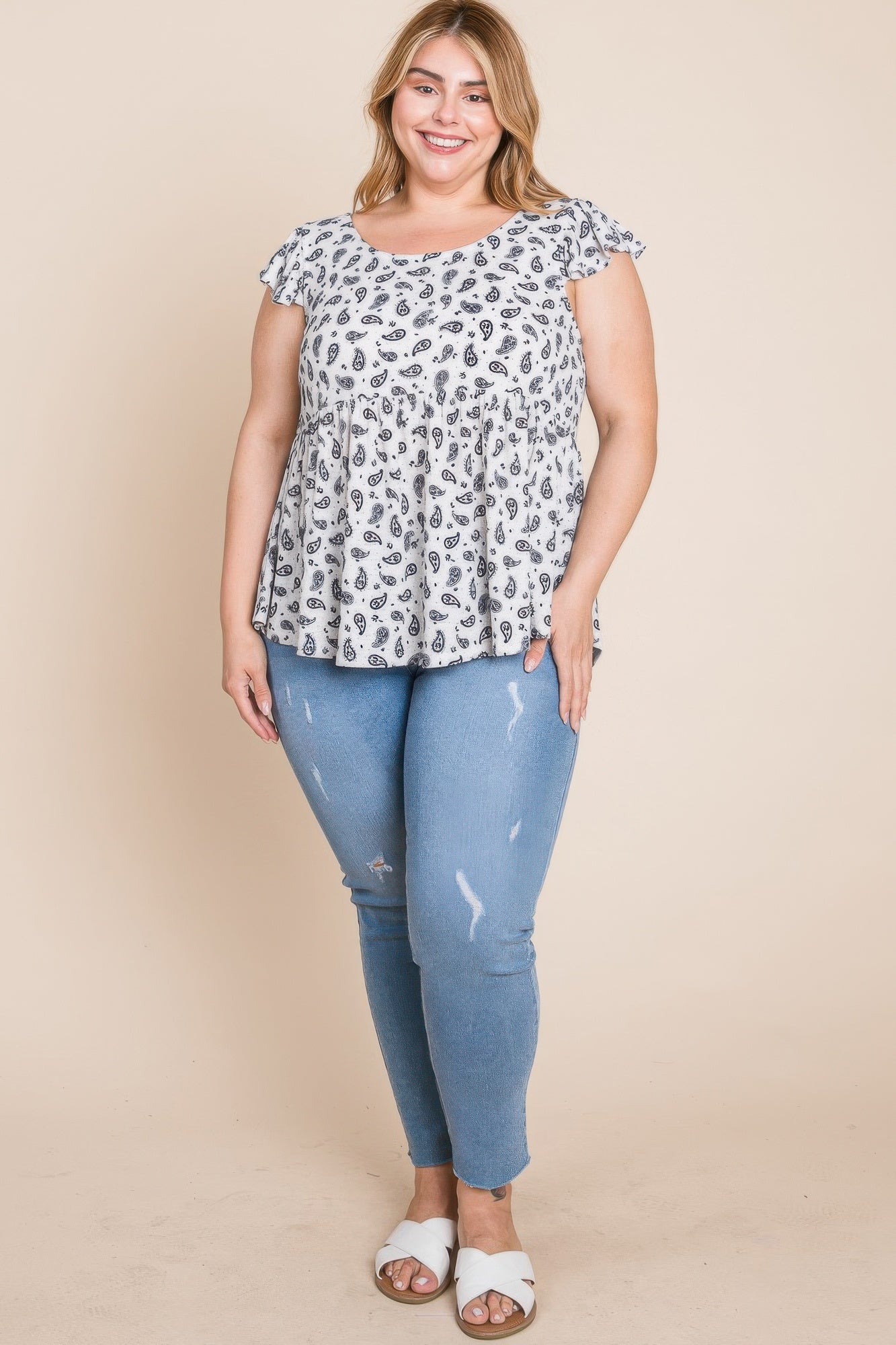 Plus Size Paisley Flutter Sleeves Top