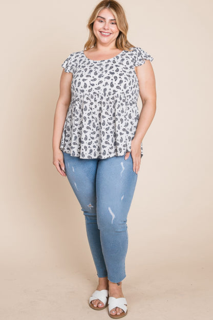 Plus Size Paisley Flutter Sleeves Top