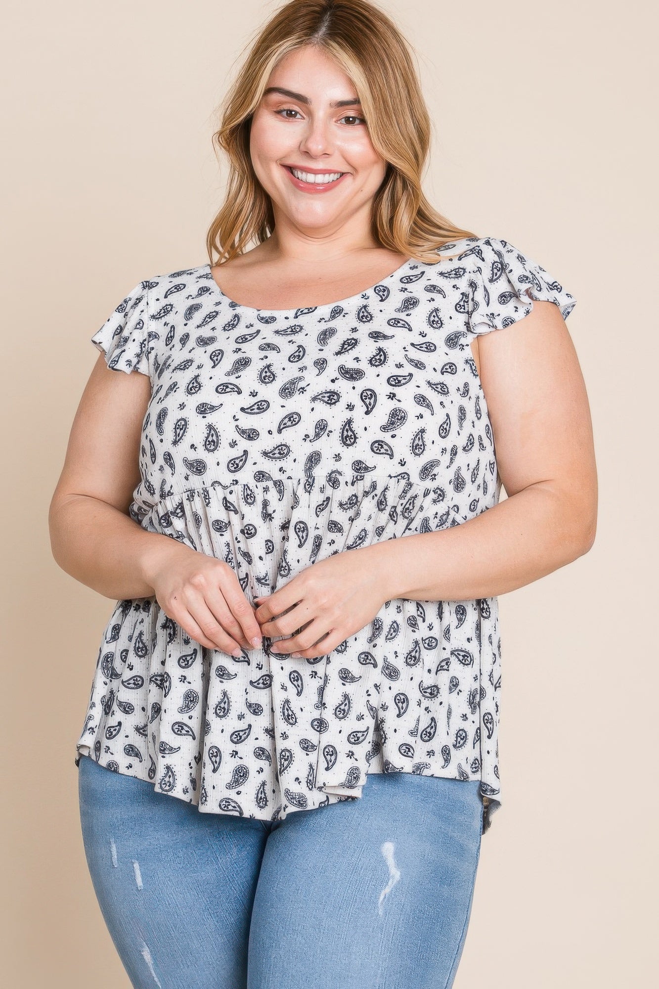 Plus Size Paisley Flutter Sleeves Top